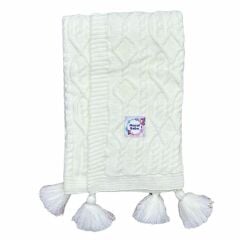 Krem Ponponlu Yünlü Battaniye- Ölçü: 85x95 cm