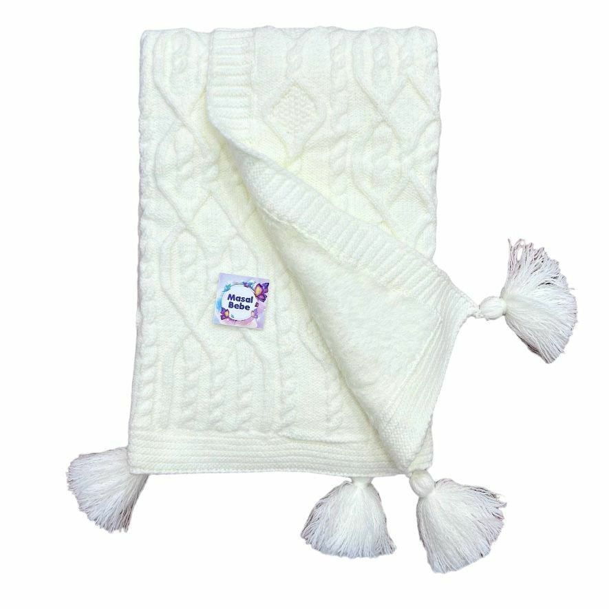 Krem Ponponlu Yünlü Battaniye- Ölçü: 85x95 cm