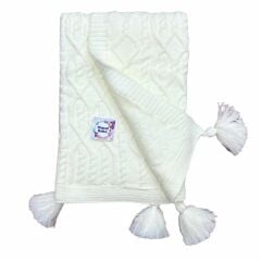Krem Ponponlu Yünlü Battaniye- Ölçü: 85x95 cm
