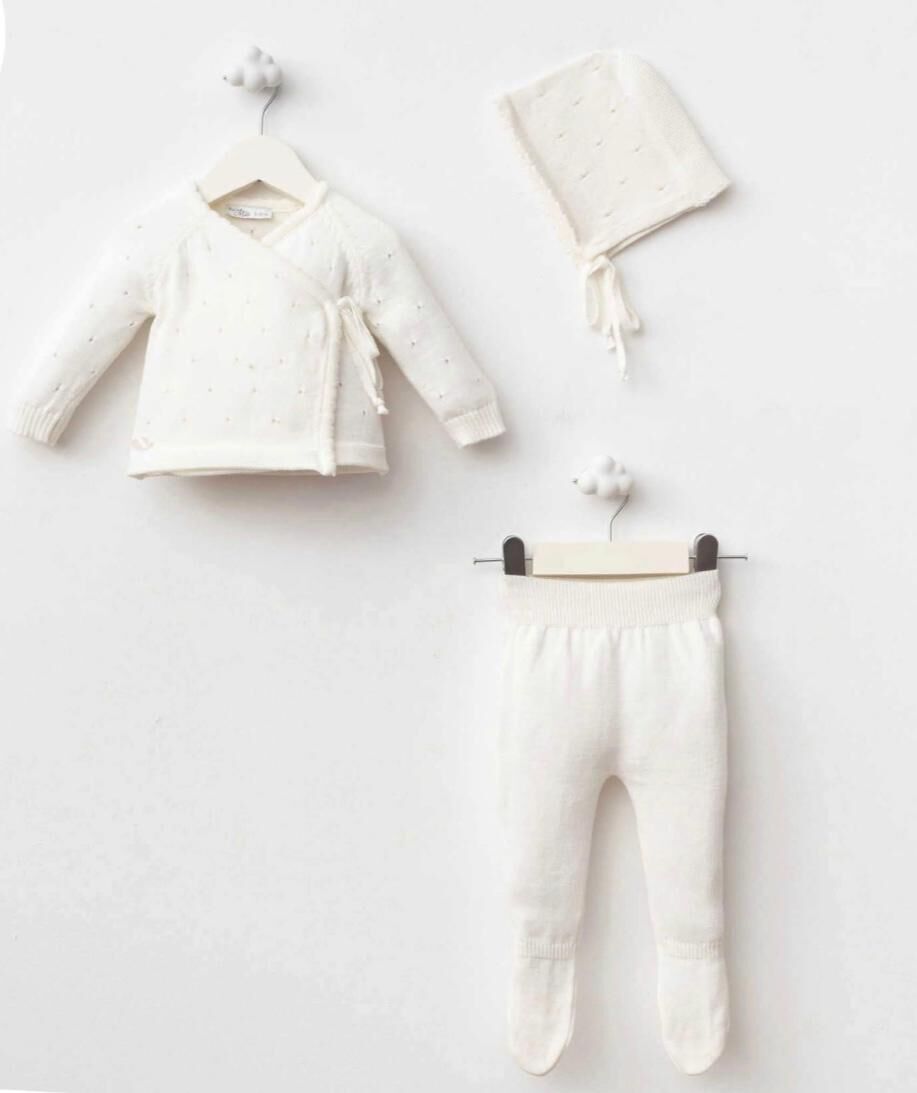 Krem Rengi Organik Triko Zıbın Seti- 3 Parça