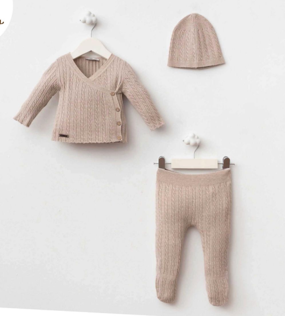 Bej Rengi Organik Triko Zıbın Seti- 3 Parça