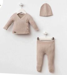 Bej Rengi Organik Triko Zıbın Seti- 3 Parça