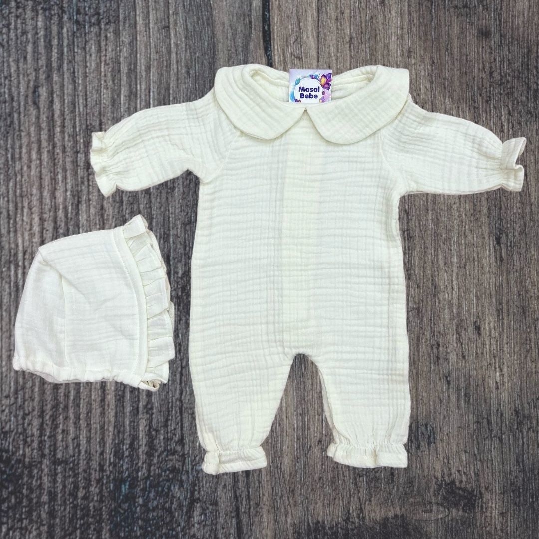 Bebe Yaka-Dört Kat Müslin Kumaş Tulum- 0.3 Ay- Krem Renk