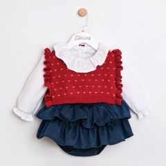 Kırmızı Yelekli Kot Romper Seti