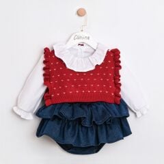 Kırmızı Yelekli Kot Romper Seti