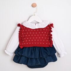 Kırmızı Yelekli Kot Romper Seti