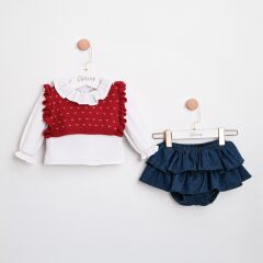 Kırmızı Yelekli Kot Romper Seti