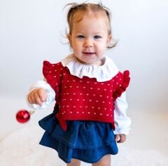 Kırmızı Yelekli Kot Romper Seti