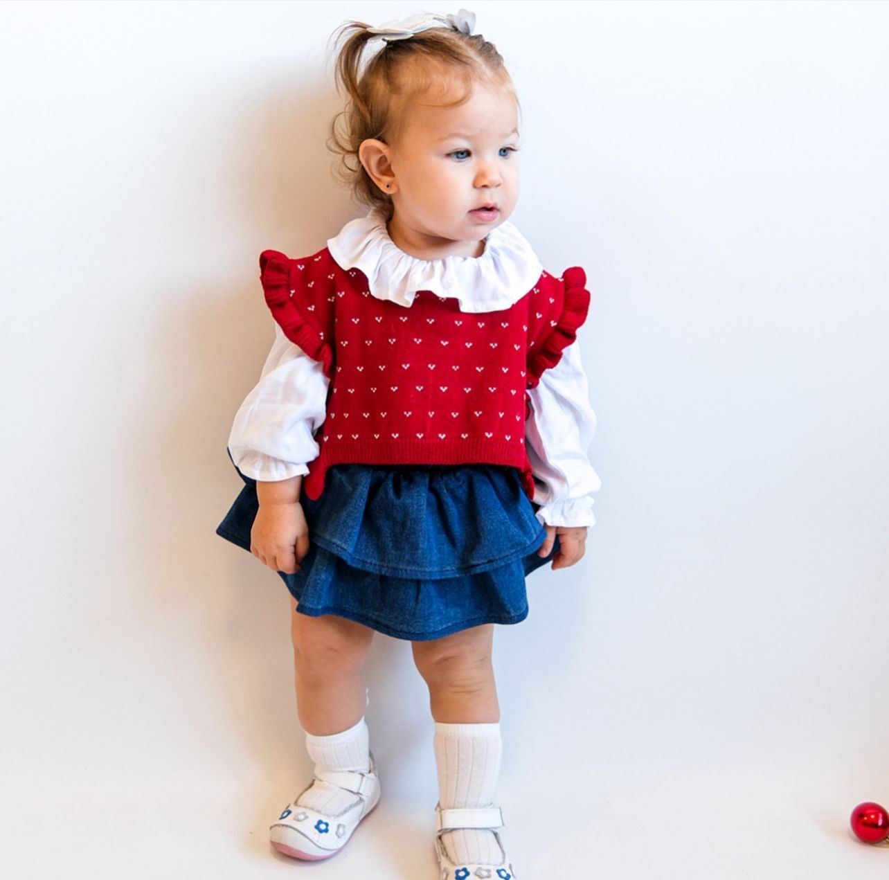 Kırmızı Yelekli Kot Romper Seti