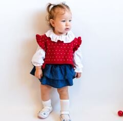 Kırmızı Yelekli Kot Romper Seti