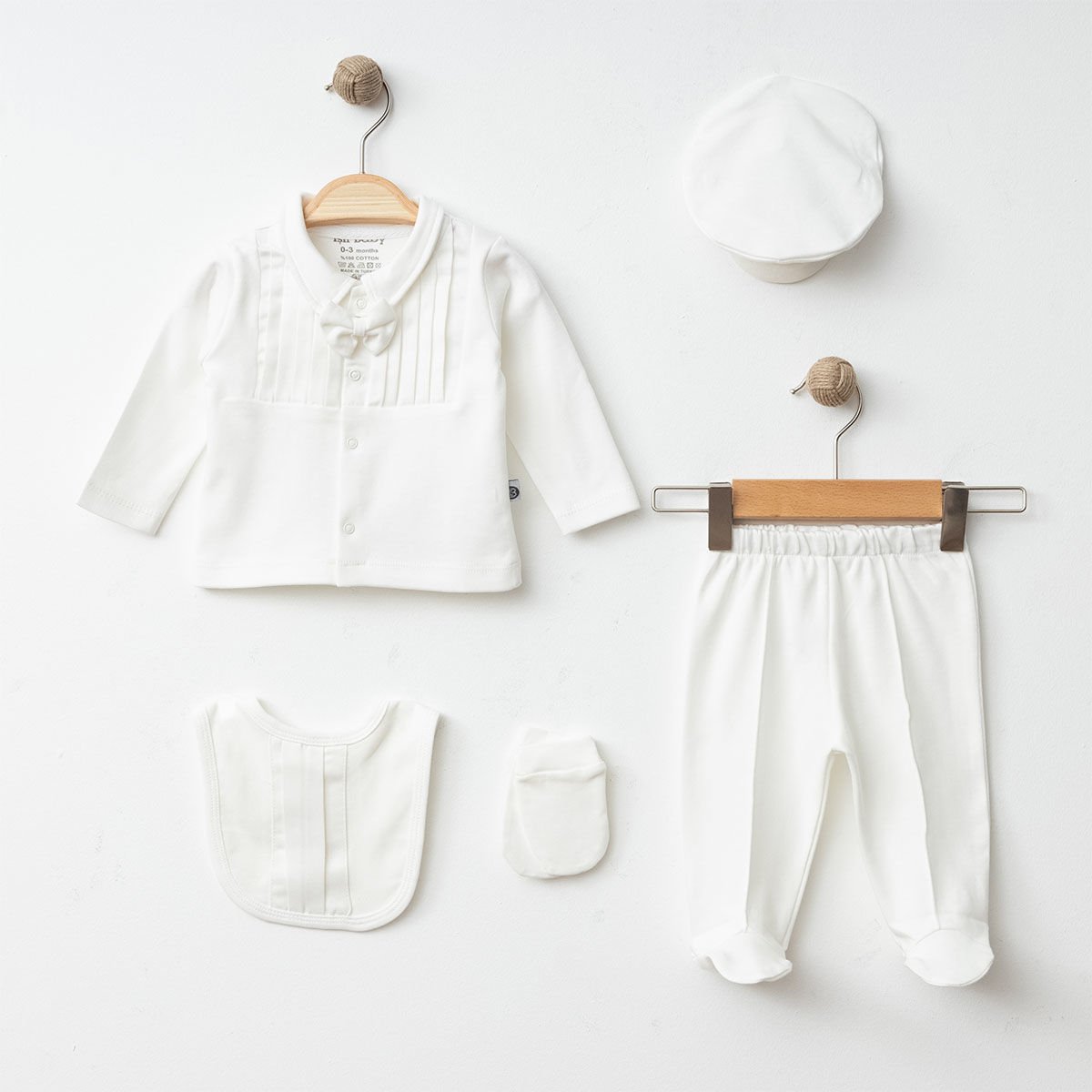 Beyaz Papyon Detaylı Zıbın Seti- 5 Parça