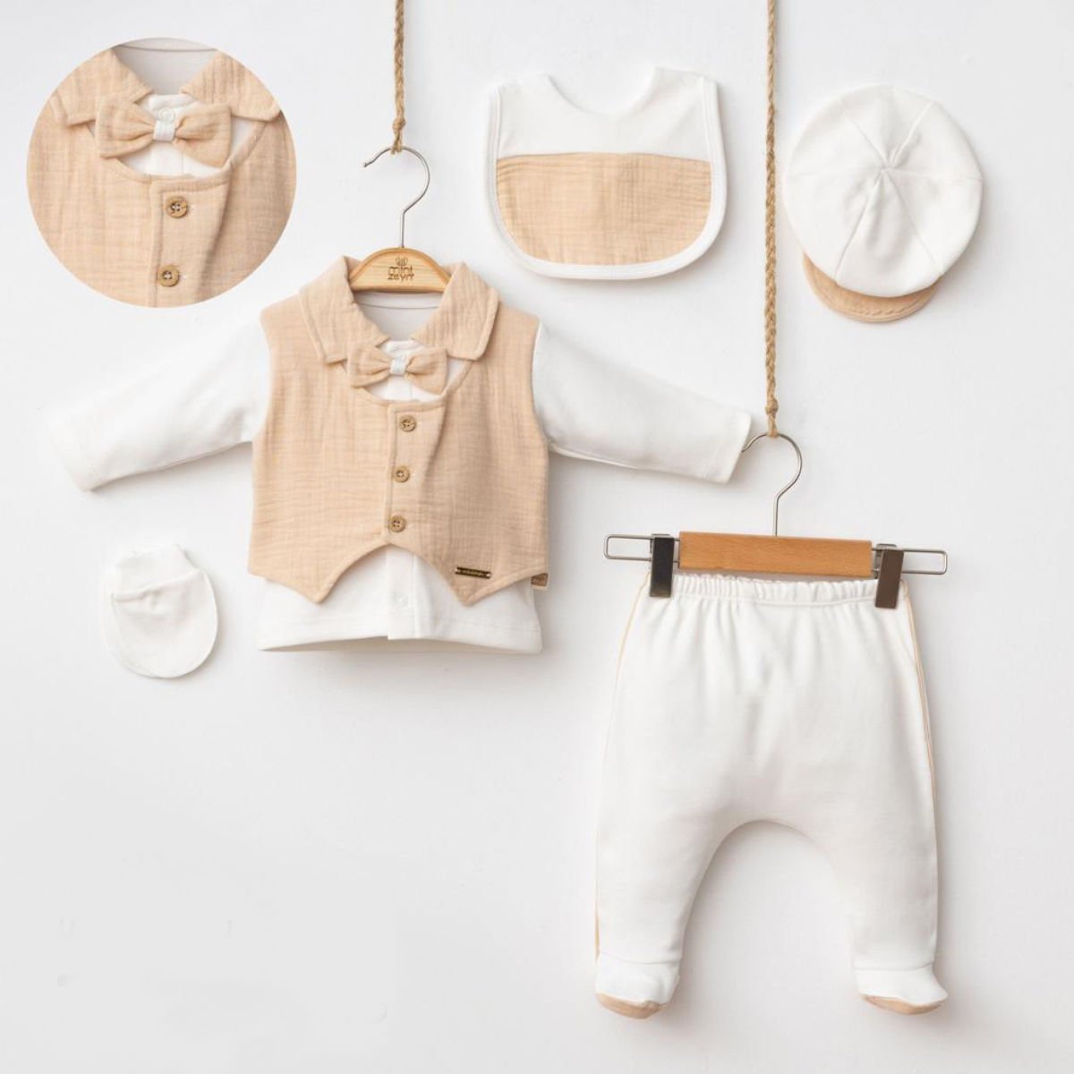 Bej Yelek Detaylı Zıbın Seti- 5 Parça