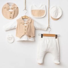 Bej Yelek Detaylı Zıbın Seti- 5 Parça