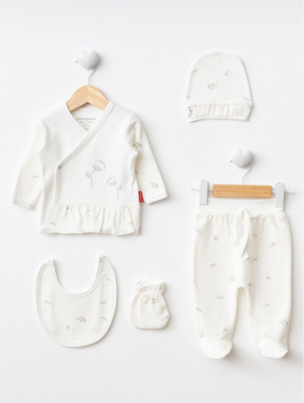 Beyaz Pamuk Detaylı Zıbın Seti-5 Parça