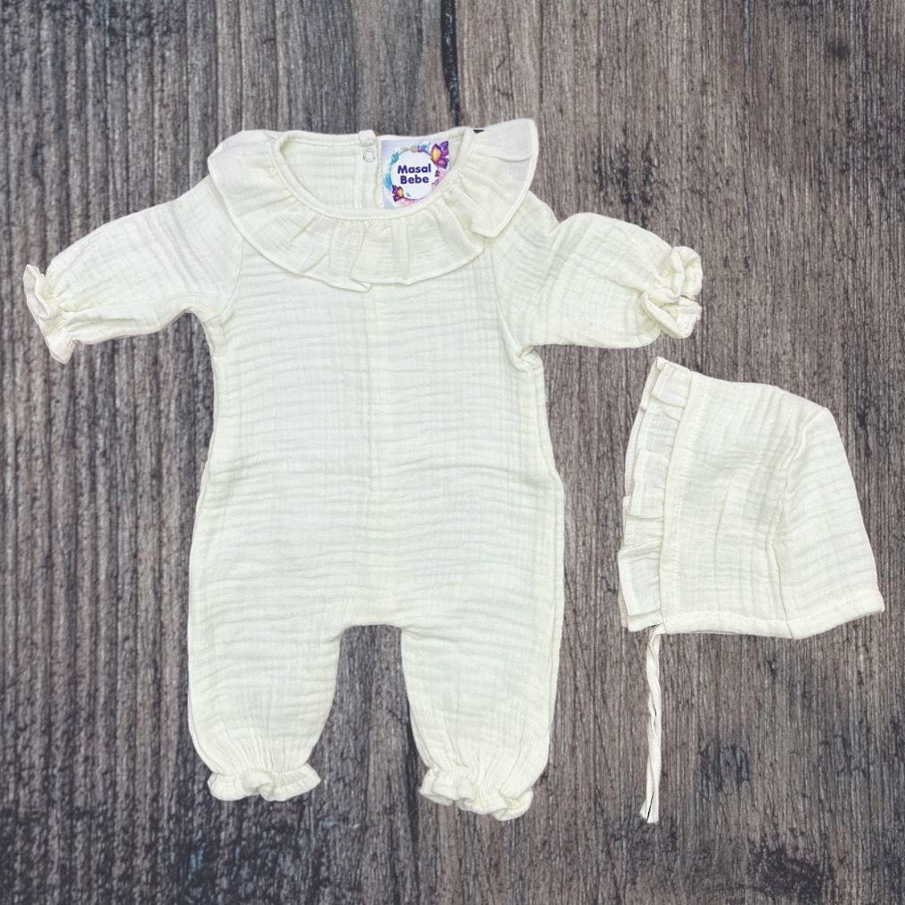 Bebe Yaka-Dört Kat Müslin Kumaş Tulum- 0.3 Ay- Krem Renk