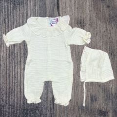 Bebe Yaka-Dört Kat Müslin Kumaş Tulum- 0.3 Ay- Krem Renk