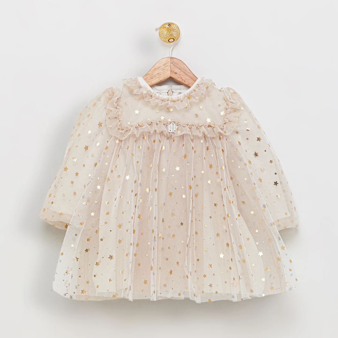 Yıldızlı Kız Elbise- Bej Rengi