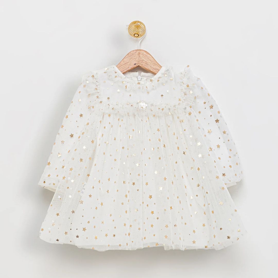 Yıldızlı Kız Elbise- Beyaz Renk
