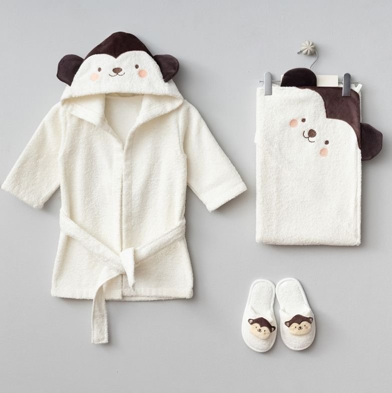 Ekru Maymun Bornoz Seti- 4 Parça