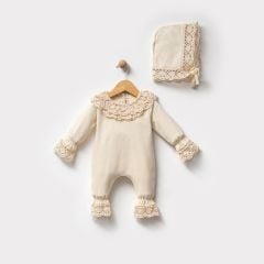 Kadife Ekru Rengi Küpür Yakalı Tulum Seti