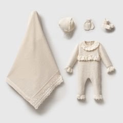 Organik Triko Hastane Çıkışı- 5 Parça-Krem Renk