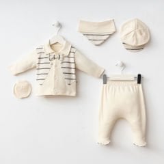 Çizgili Krem Rengi Papyonlu Zıbın Seti- 5 Parça