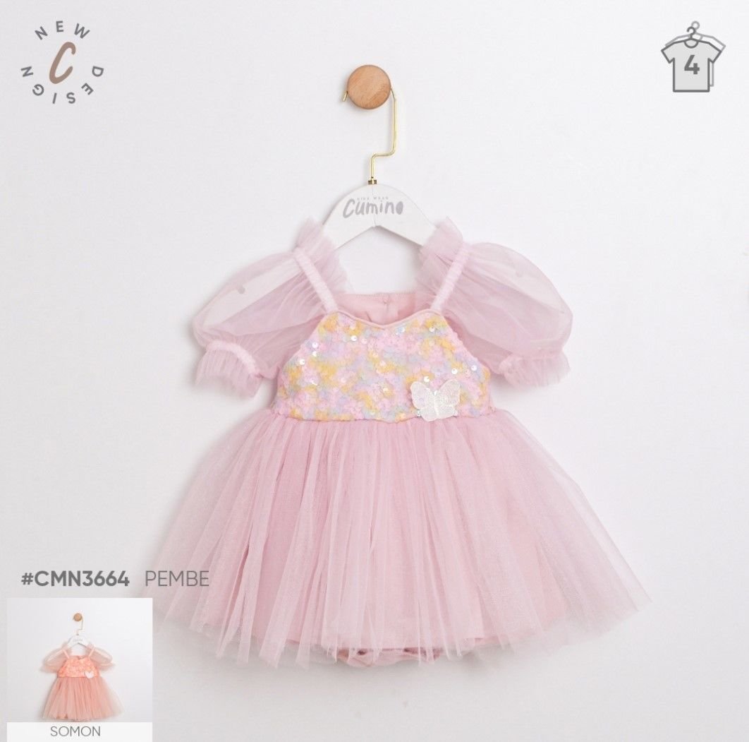 Kelebekli Pembe Romper ELbise