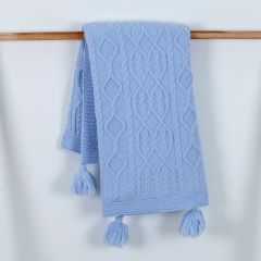 Mavi Ponponlu Yünlü Battaniye- Ölçü: 85x95 cm