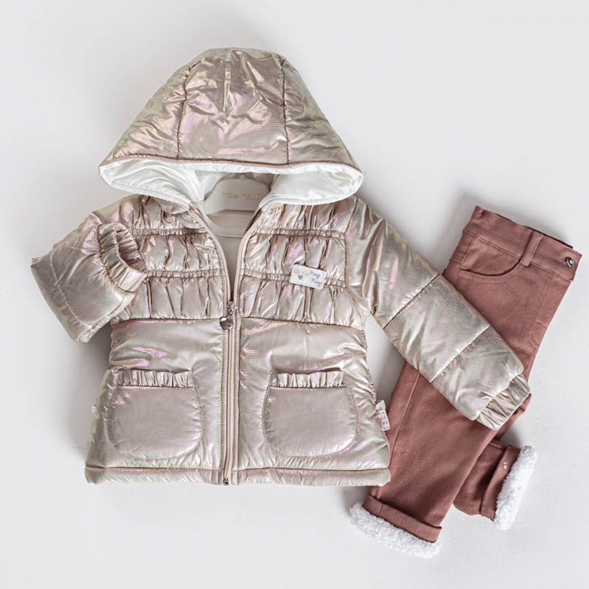 Bej Çantalı Montlu Set (Mont-Badi-Pantalon) 9 Ay