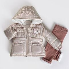 Bej Çantalı Montlu Set (Mont-Badi-Pantalon) 9 Ay