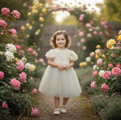 Kısa Kollu Güllü Elbise- Ekru Rengi- 2/5 Yaş arası