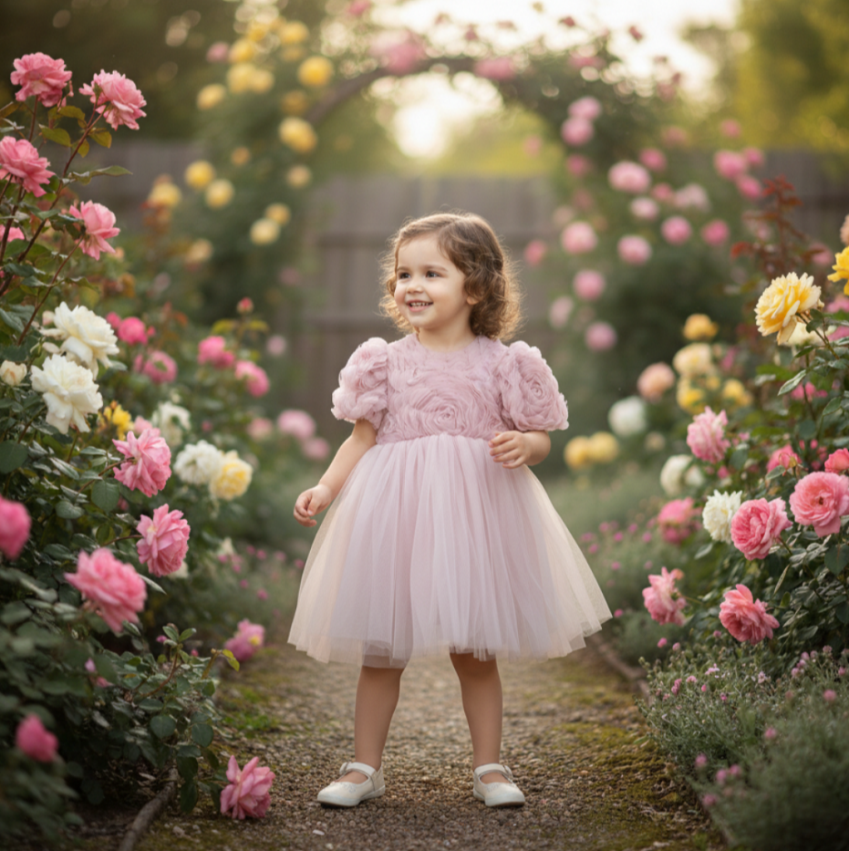 Kısa Kollu Güllü Elbise- Pudra Rengi