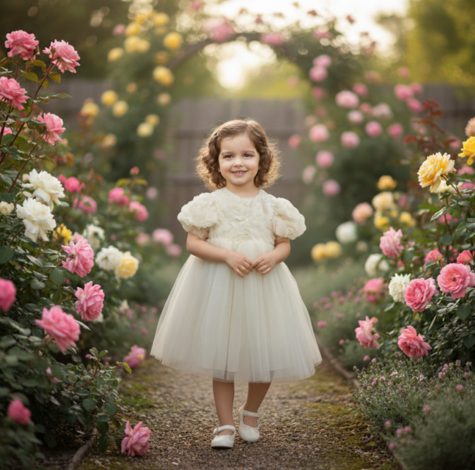 Kısa Kollu Güllü Elbise- Ekru Rengi