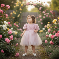 Kısa Kollu Güllü Elbise- Pudra Rengi- 6/24 Ay arası