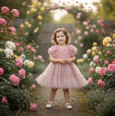 Kısa Kollu Güllü Elbise- Pudra Rengi- 6/24 ay arası