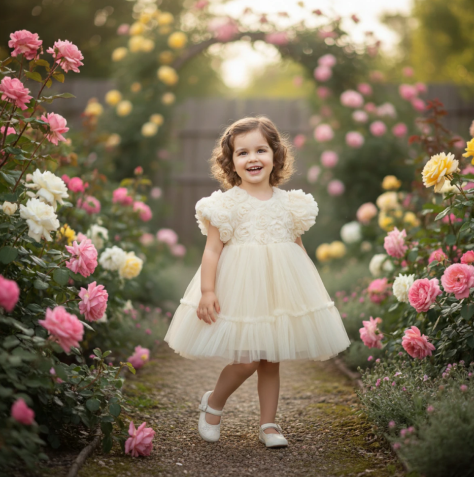 Kısa Kollu Güllü Elbise- Ekru Rengi- 6/24 Ay arası