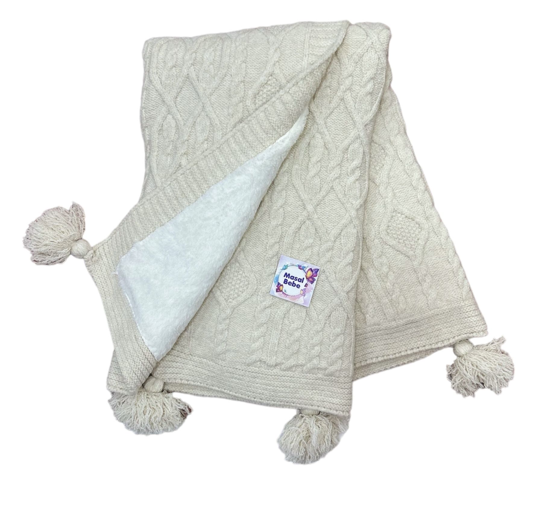 Bej Ponponlu Yünlü Battaniye -Ölçü: 85x95 cm