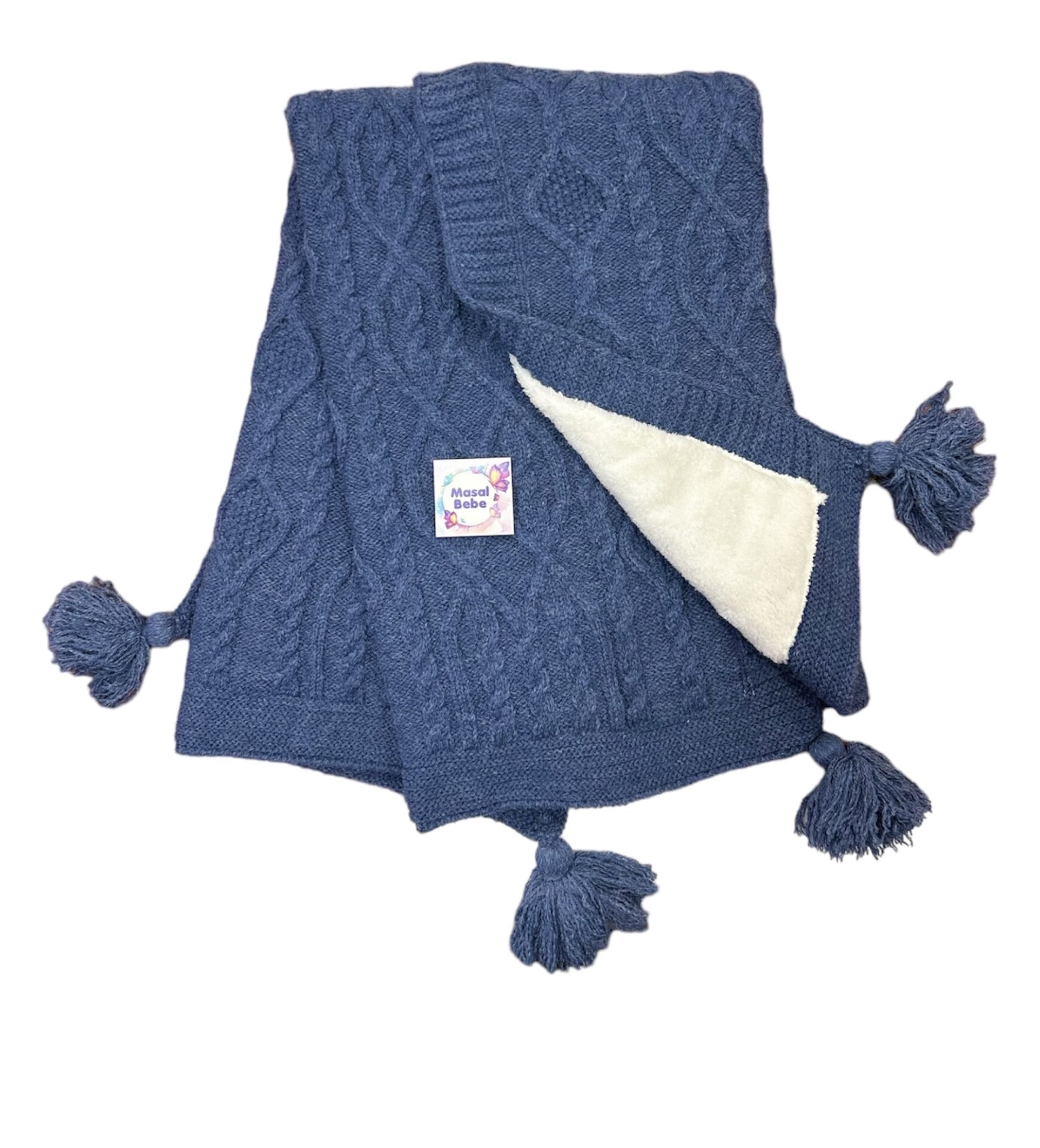Lacivert Ponponlu Yünlü Battaniye- Ölçü: 85x95 cm