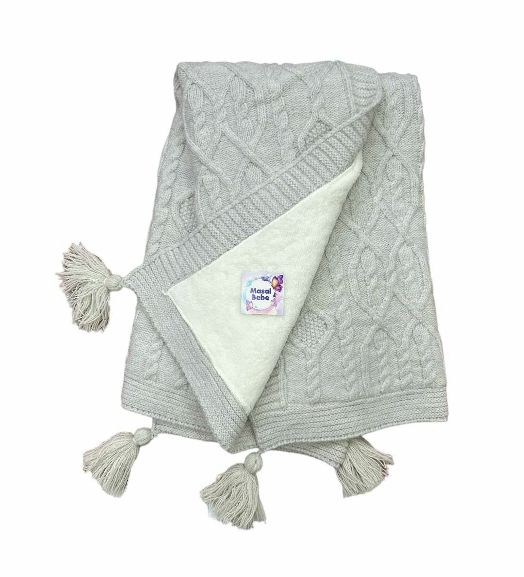 Gri Ponponlu Yünlü Battaniye- Ölçü: 85x95 cm