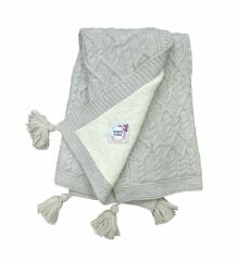 Gri Ponponlu Yünlü Battaniye- Ölçü: 85x95 cm