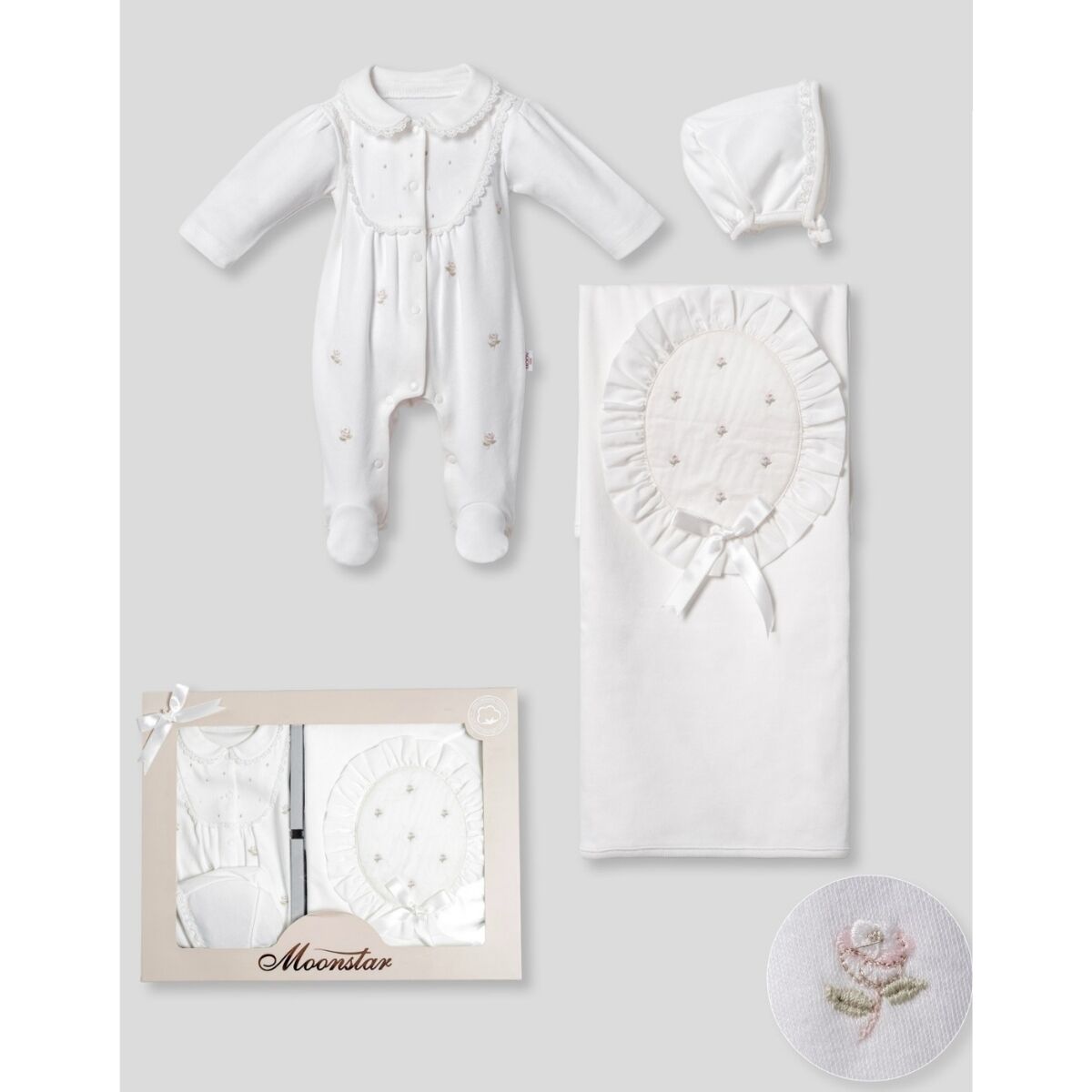 Ekru Rengi Gül Detaylı Hastane Çıkışı- 0.3 Ay- 3 Parça