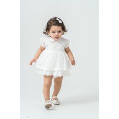 Ekru Rengi Çiçek İşlemeli Elbise ve Kilot