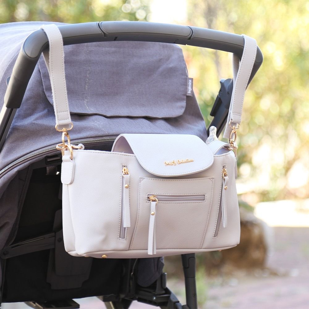 Deri Bebek Arabasına Uyumlu Anne-Bebek Çantası- Gri Renk