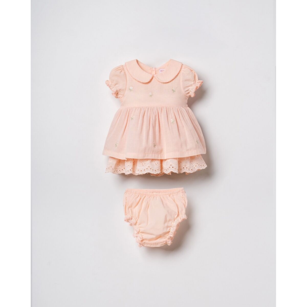 Pudra Rengi Çiçek İşlemeli Elbise ve Kilot