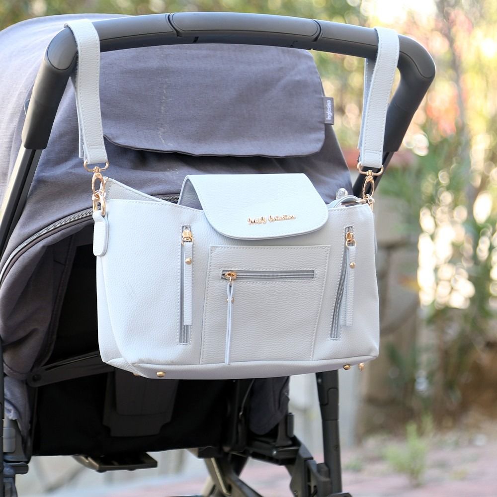 Deri Bebek Arabasına Uyumlu Anne-Bebek Çantası- Mavi Renk