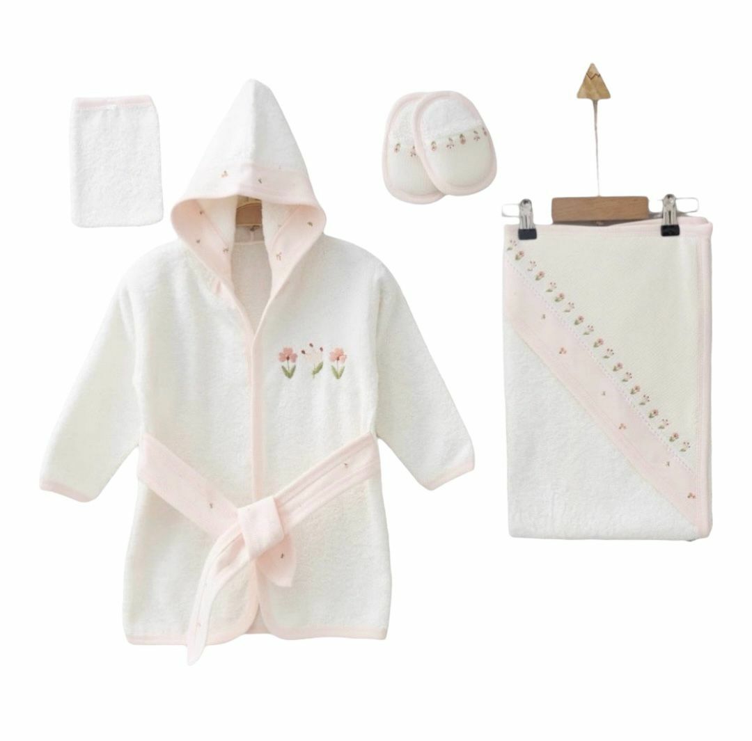 Pembe Çiçekli Bornoz Seti