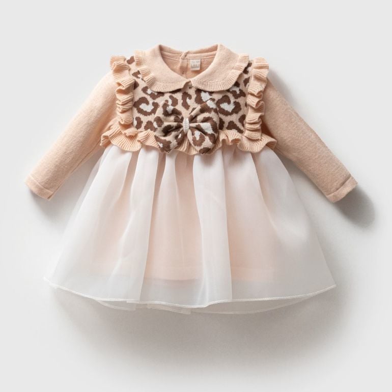 Tütü Etekli Leopar Triko Elbise- Bej