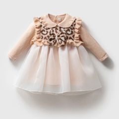 Tütü Etekli Leopar Triko Elbise- Bej