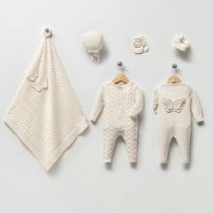 Kanat Detaylı Organik Triko Hastane Çıkışı- 5 Parça-Krem Renk