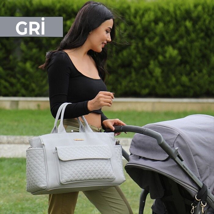 Gri Renk Deri Anne Bebek Bakım Çantası